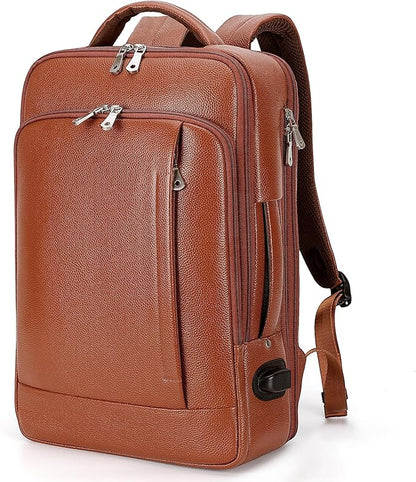 TIDING Expandable Leather 15.6" Laptop Backpack for Men Women, TSA Friendly Business Travel Rucksack Slim Work Casual Daypack