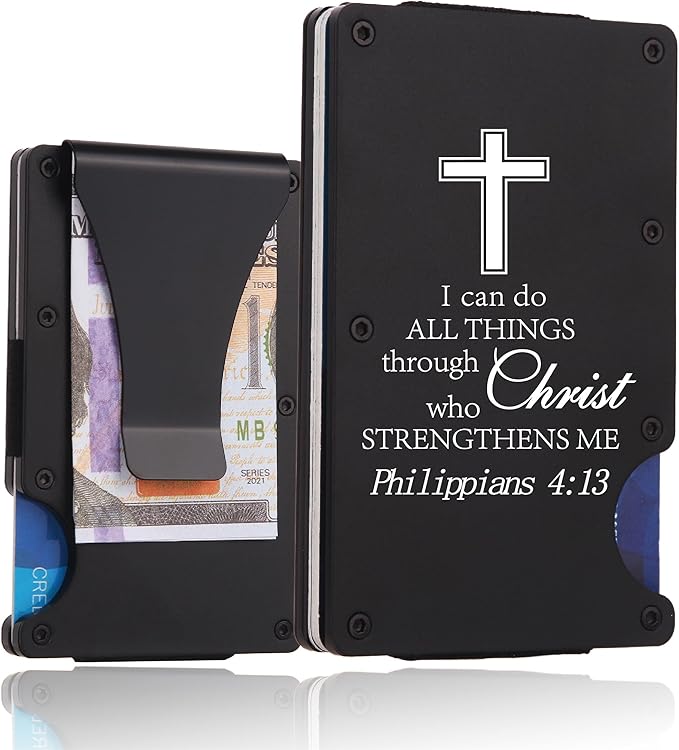 THTCSQ Christian Gifts Minimalist Personalized Engraved Metal Wallet,Slim Wallet for Men,Birthday Gifts Christmas Gift Bible Verse Faith Religious Christian Gifts (4:13 wallet)