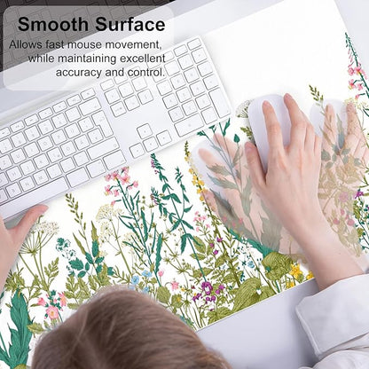 QIYI Large Mouse Pad, Floral Desk Mat for Desktop, Wildflowers Herbs PU Leather Waterproof Gaming Mousepad, Computer Laptop Desk Accessories Protector Writing Pads for School Office Home 31.5" x 15.7"