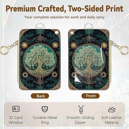 Tree of Life Leather Badge Holder with Zipper Pocket, Green Work Lanyards and 1 Zip Pocket and 4 Card Slots, Pink Bow Breakaway Lanyards with Metal Clasp for Boys, Adult, Teachers