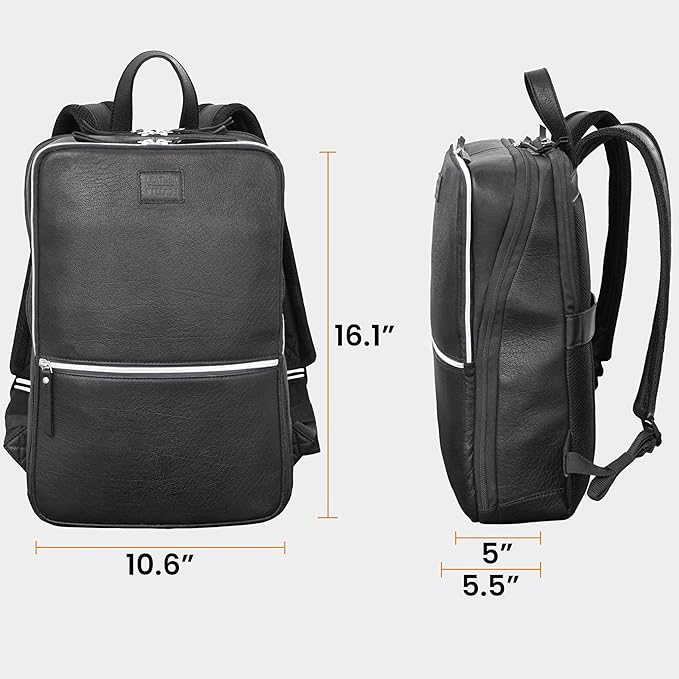 LEATHER VILLAGE Leather Laptop Backpack for Men | Black | Slim Professional Business Bag Fits 15.6”-Laptop | Water-Repellent Work & Travel Daypack with Trolley Strap