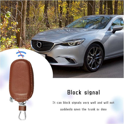Car Key Case, Genuine Leather Auto Key Fob Cover Case, Key Fob Protector with Metal Hook, Car Smart Keychain Holder (Brown)