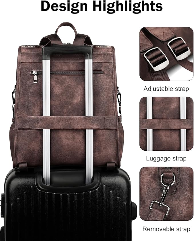 FADEON Leather Laptop Backpack for Women, Designer Ladies Work Travel Computer Backpack with Laptop Compartment Coffee Brown
