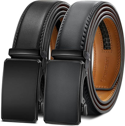 KEMISANT Men Belt 2 Pack, Leather Ratchet Belt Easy Click Slide For Men 1 3/8",Cut for Fit