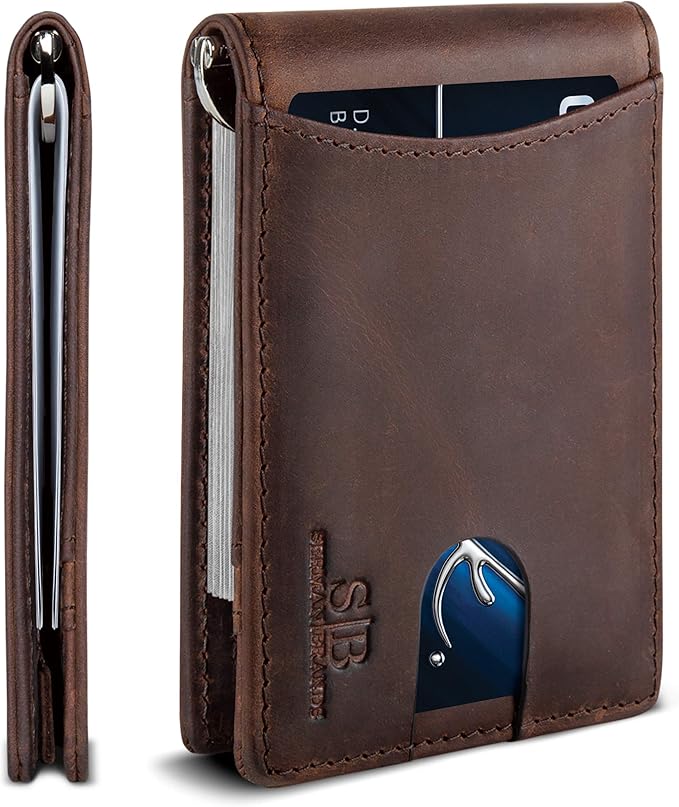 SERMAN BRANDS RFID Blocking Slim Bifold Genuine Leather Minimalist Front Pocket Wallets for Men with Money Clip Thin Gift