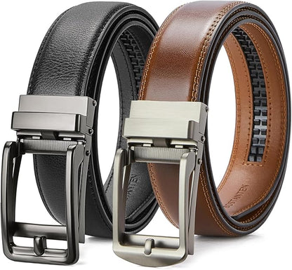 BOSTANTEN Ratchet Leather Belt For Men 2 Pack Dress and Casual with Adjustable Buckle, Trim to Fit