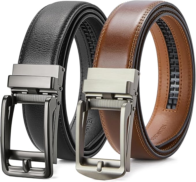 BOSTANTEN Ratchet Leather Belt For Men 2 Pack Dress and Casual with Adjustable Buckle, Trim to Fit
