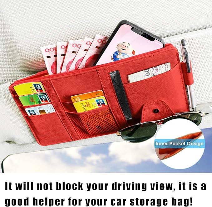 Augeny Car Sun Visor Organizer, Leather Personal Belonging Storage Pouch with Zipper, Car Visor Storage Pouch Sunglasses Holder, Auto Interior Accessories Pocket Organizers (Red)