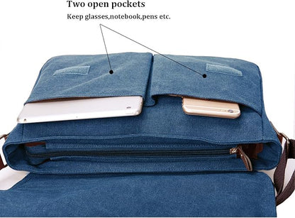 Mactso Vintage Canvas Messenger Bag for Men Women, 13.5 Inch Laptop Satchel Shoulder Bag with Multiple Pockets, Crossbody Bag for Work Travel College (Blue)