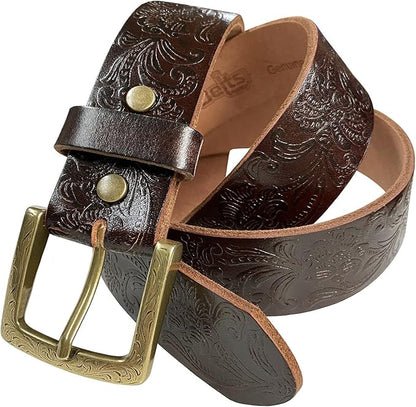 Cowboy Cowgirl Western Tooled Floral Embossed Full Grain Genuine Leather Belt Strap 1-1/2"(38mm) Wide