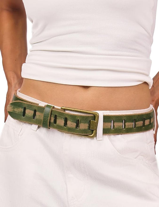 Womens Genuine Leather Belt for Jeans Pants Width 1.57" Western Cowgirl Wide Belts for Ladies with Gift Box