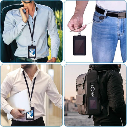Wisdompro Retractable Badge Holder with Lanyard, Double Sided PU Leather ID Card Holder with Carabiner Badge Reel Clip and 18.8 inch Neck Lanyard - Black, Vertical
