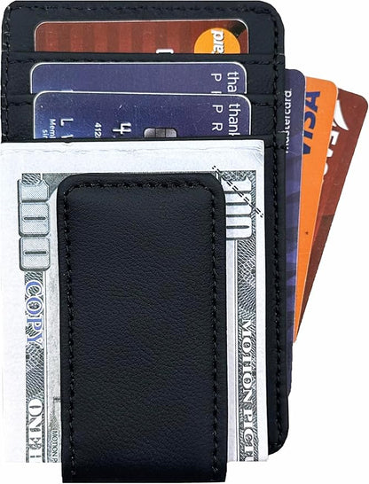 Front Pocket Wallets for Men with Magnet Money Clip RFID Blocking Leather Minimalist Slim Wallet Credit Card Holder (Small Black)