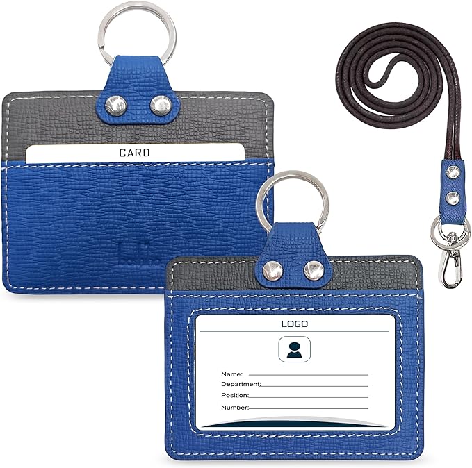 Badge Holder: Boshiho Cowhide Leather ID Badge Card Holder with 19" Neck Lanyard, Horizontal Style (Blue-Dark Gray)