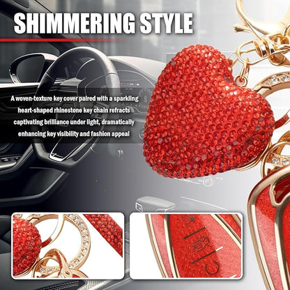 Compatible with Chevy Equinox Key Fob Covers,Stylish Car Key Cover with Bling Heart Keychain,5-Button Keys Fob Protector（Red）