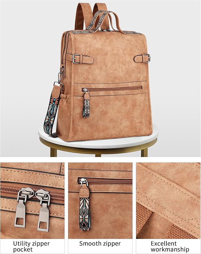 FADEON Leather Laptop Backpack for Women, Designer Ladies Work Travel Computer Backpack with Laptop Compartment Suede Brown