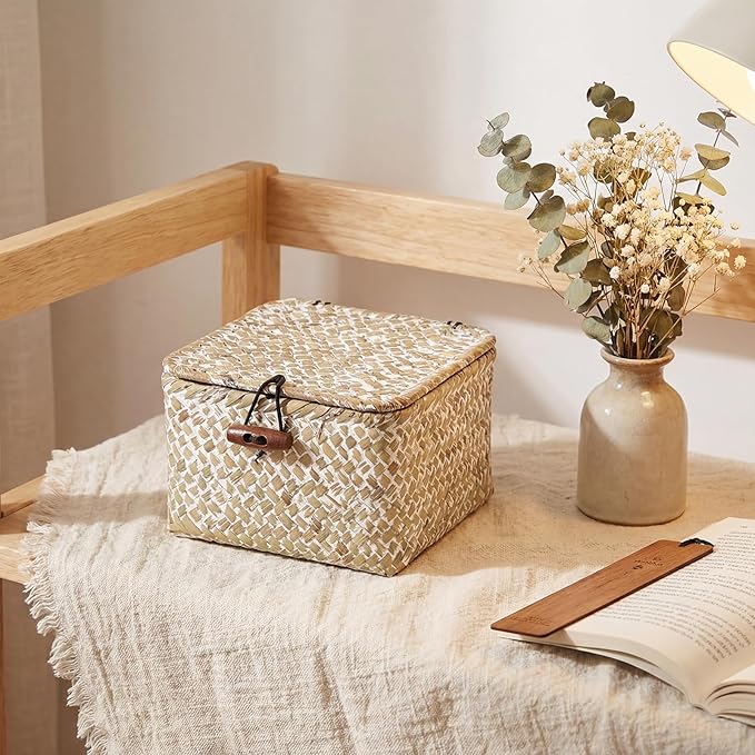 Hipiwe Handwoen Seagrass Basket with Lid Key Holder Box for Entry Decorative Mini Shelf Basket, Whitewash 3.5" x 3.5" x 2"