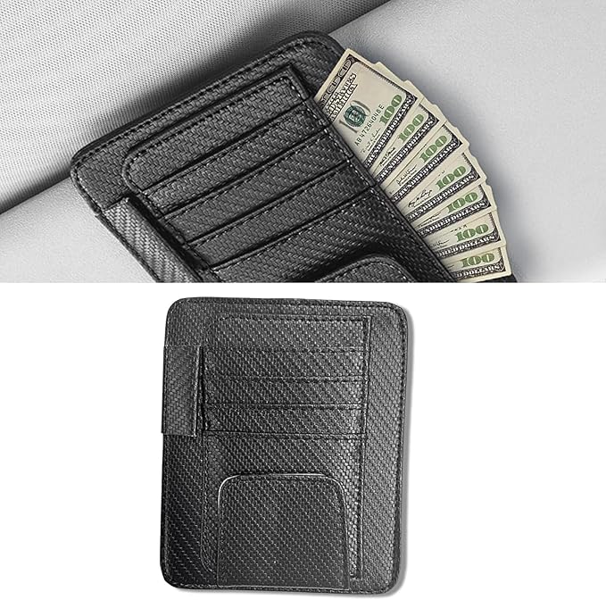 Car Sun Visor Organizer, Multifunctional Auto Visor Document Holder with Sunglasses Clip, Universal Car Interior Accessories Organizer for Drving License, Card, Pen (Carbon Fiber Black)