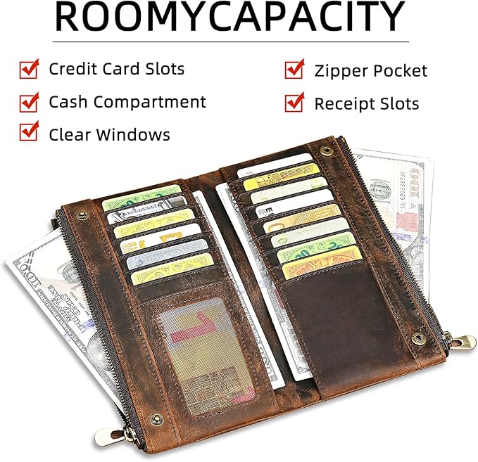 Genuine Crazy Horse Leather Travel Gift Coin Pocket Card Case Long Organizer Chain Rfid Wallet Purse With Snap For Men Male 1803 1815 (1822 Brown)