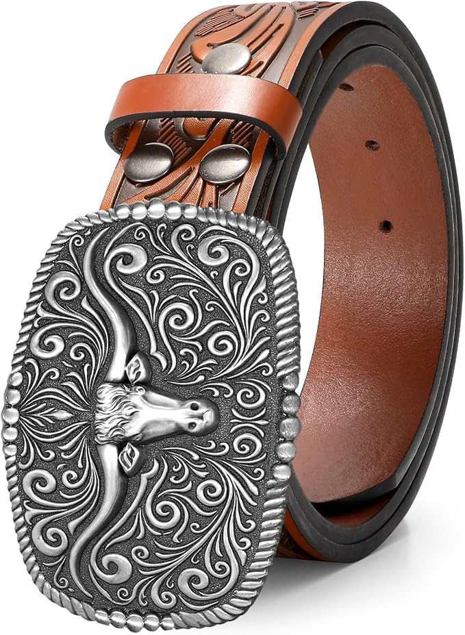 TRIWORKS Western Belt for Men Women Cowboy Engraved Belt Western Buckle Embossed Leather Belt