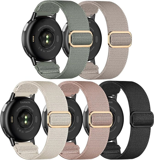 5 Pack Stretchy Nylon Watch Bands Compatible with Garmin Vivoactive 5/6/Forerunner 55/165,20mm Soft Elastic Fabric Adjustable Replacement Sport Straps for Garmin Venu Sq 2 Women Men