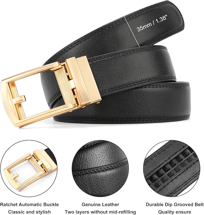 GAEKEAO Ratchet Belt for Men Genuine Leather 1 3/8" - Micro-Adjust Buckle Trim to Fit Dress Belt Casual to Formal Gift Boxed