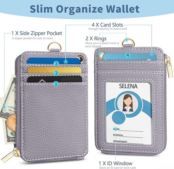 Lanyard Wallet with Id Badge Holder, RFID Small Keychain Wallet Women Wristlet, Minimalist Zipper Credit Card Holder Phone Wrist Neck Strap for Key Name Tag, Teacher Student Office Gift