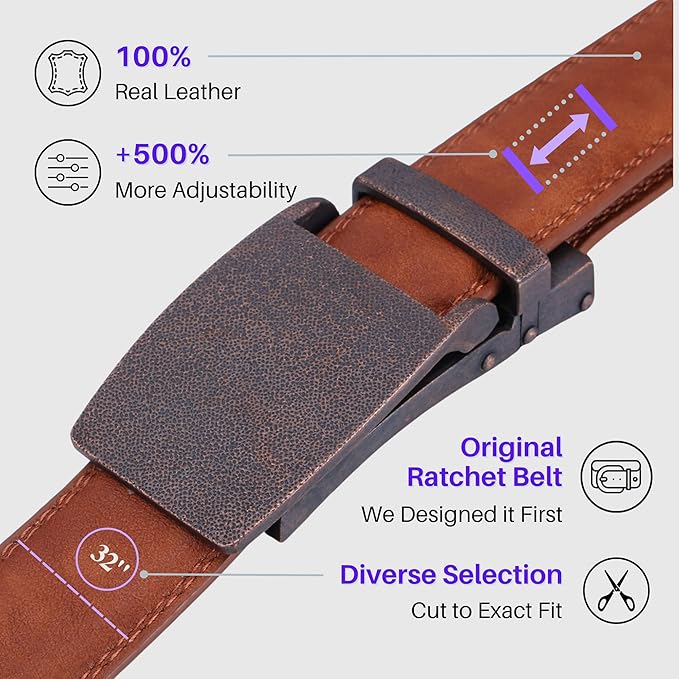 Marino Avenue Ratchet Belt for Men. Adjustable Leather Dress Belt with 38 Easy to Click Into Place Ratchet Closures.