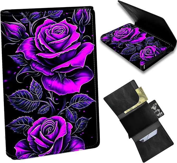 Minimalist Wallet for Men's Card Holders, Pop-Up Card Case Durable Wallets for Women, Leather Automatic Credit Card Holder with Metal Money Clip RFID Blocking Bifold Pocket, Purple Rose 01