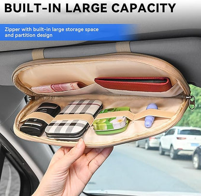 Car Sun Visor Organizer, Sunglass Holder and Storage Pocket, Card Cash Pouch with Multi-Pocket Net Zipper, Case Bag for License Pen Key, Auto Accessories for Truck, SUV, Van (Beige)