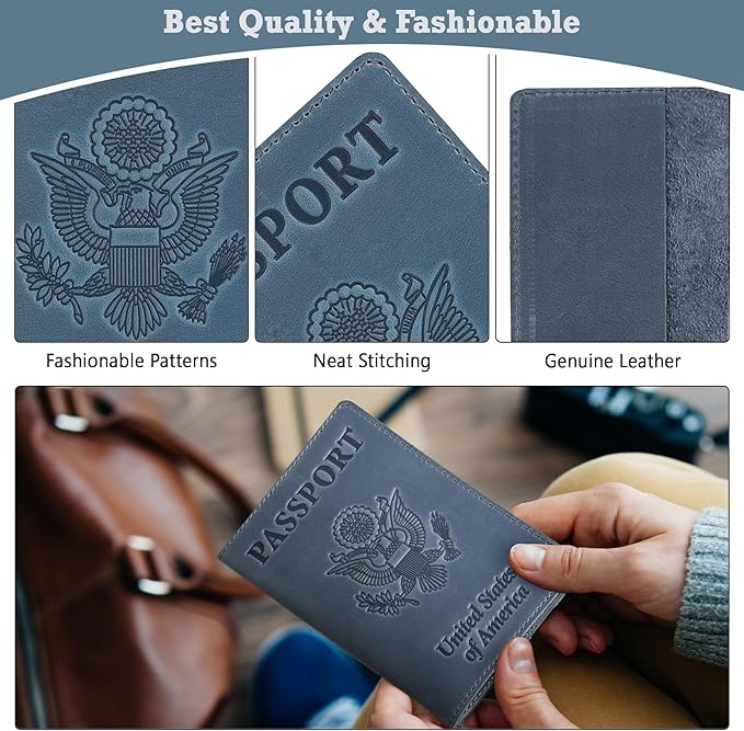 Shvigel US Leather Passport Book Cover - Thin American Travel Passport Holder - Premium International USA Passport Protector Case for Women Men (Light Blue Vintage)