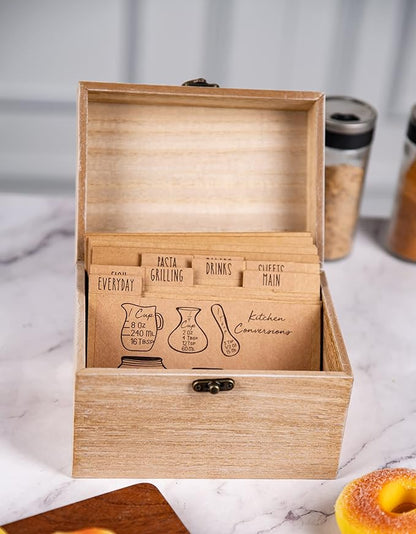 Wooden Box – Wood Storage Box - Wood Recipe Box with Lid and Metal Clasp - Rustic Vintage Farmhouse Recipe Box with Lid Wood Chest Design - Multipurpose Organizer – Birthday Gift for Women (Style 1)