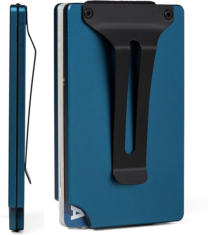 Minimalist Carbon Fiber Wallet for Men, Money Clip Cash Strap Wallet, RFID Blocking Metal Wallet Aluminum Card Holder,Front Pocket Wallet(Matte Blue)