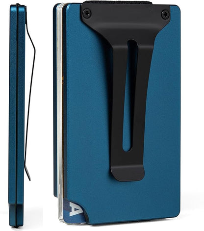 Minimalist Carbon Fiber Wallet for Men, Money Clip Cash Strap Wallet, RFID Blocking Metal Wallet Aluminum Card Holder,Front Pocket Wallet(Matte Blue)