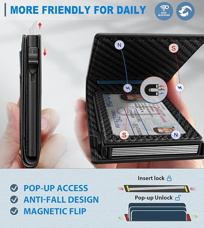 Wallet for Men, Slim Pop Up Card Holder with RFID Blocking, Minimalist Bifold Wallet with 9 Card Slots, ID Window and Cash Pocket, Metal Flip Case with Magnetic Closure, Gift Box