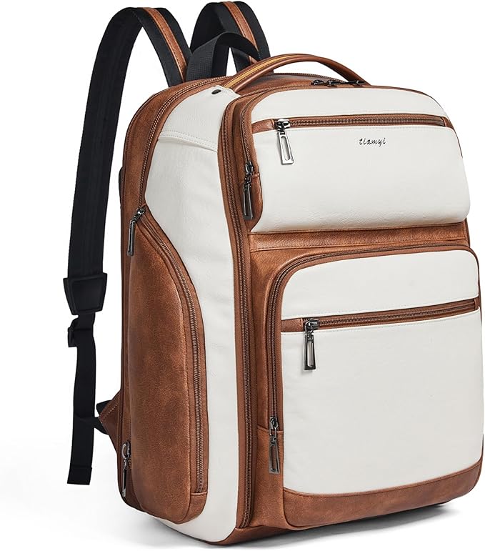Vegan Leather Backpack, 40L Expandable, TSA Travel Backpack for Men and Women, Fits 17.0 Inch Notebook with USB Port and Luggage Strap, Beige