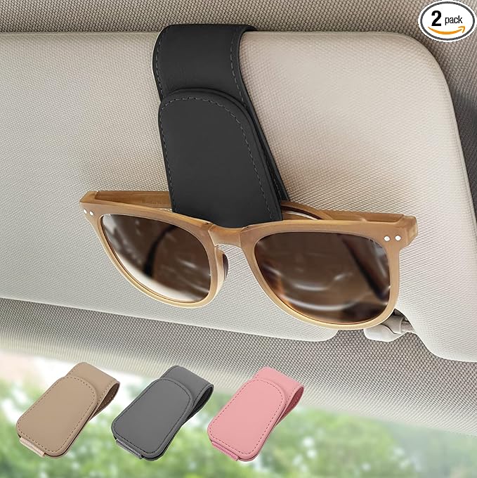2 Pack Magnetic Leather Sunglass Holder, Eyeglass Hanger Clip for Car Sun Visor, Suitable for Different Size Eyeglasses(Black, 2 Pack)