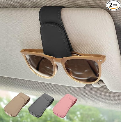 2 Pack Magnetic Leather Sunglass Holder, Eyeglass Hanger Clip for Car Sun Visor, Suitable for Different Size Eyeglasses(Black, 2 Pack)