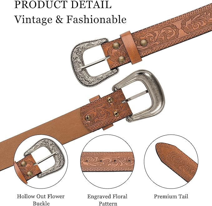 Mealah Vintage Western-Cowboy-Belt for Women Men - Carved Buckle PU Leather Waist Belts (for Waist 28"-38")