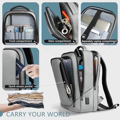 hk Laptop Backpack for Men with USB Charging Port Water-Resistant for 15.6 Inch Computer Bag Durable High-Tech Daypack Casual Backpack for Business Work College Weekender Travel- Grey