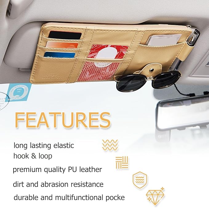 Boao 2 Packs Car Sun Visor Organizer, Sunglasses Holders for Car Sun Visor PU Auto Interior Accessories Storage Travel Document Holder with Multi Pocket (Beige, 12.2 x 6.1 Inches)