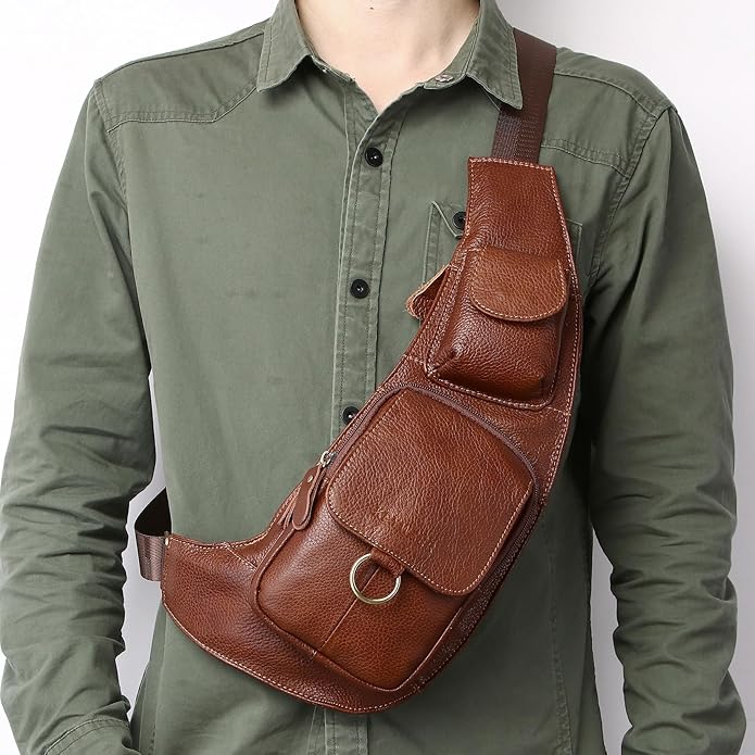 KPYWZER Vintage Leather Sling Bag Backpack for Men Crossbody Shoulder Chest DayPack Backpacks
