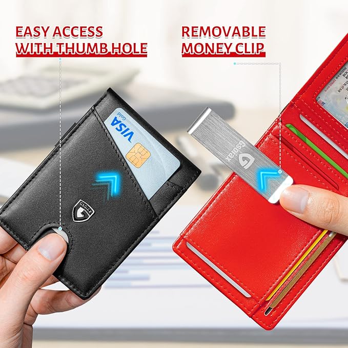 GSOIAX Slim Leather RFID Bifold Wallet for Men Minimalist Front Pocket Wallet with Money Clip,12 Card Slots,ID Window,Cool Groove Design,Includes Gift Box (Leather Black Red)