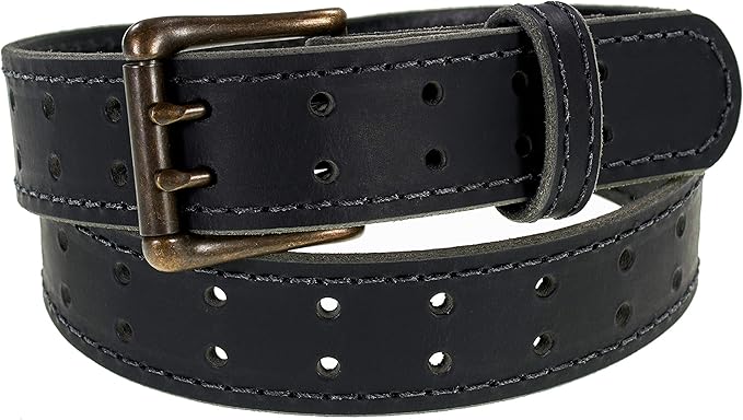 Men’s Classic Leather Belt, Double Prong Retro Style, Antique Brass Buckle, 1 ½” Width, Amish handmade in the USA