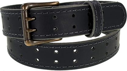 Men’s Classic Leather Belt, Double Prong Retro Style, Antique Brass Buckle, 1 ½” Width, Amish handmade in the USA