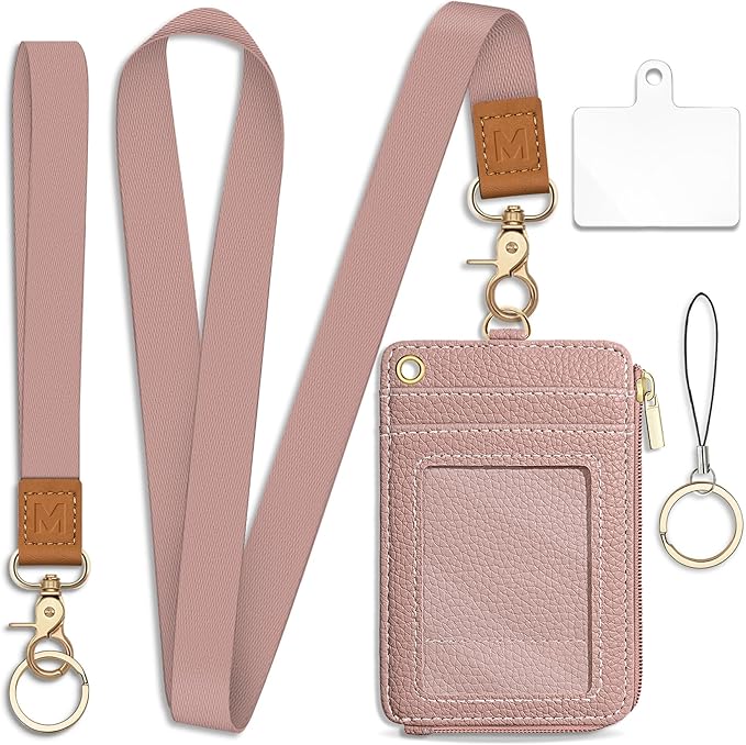 Lanyard Wallet with ID Badge Holder, Keychain RFID Wallet Women Small Wristlet, Slim Credit Card Holder Case with Phone Lanyard Wrist Strap Zipper Minimalist Pocket Name Tag Woman Office Teacher Gift