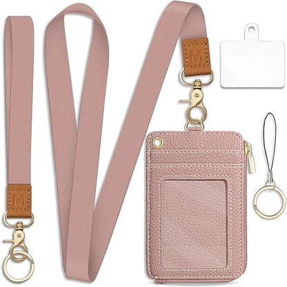 Lanyard Wallet with ID Badge Holder, Keychain RFID Wallet Women Small Wristlet, Slim Credit Card Holder Case with Phone Lanyard Wrist Strap Zipper Minimalist Pocket Name Tag Woman Office Teacher Gift
