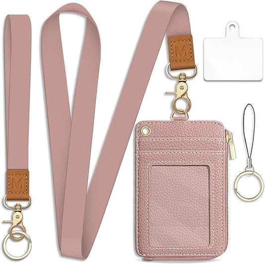 Lanyard Wallet with ID Badge Holder, Keychain RFID Wallet Women Small Wristlet, Slim Credit Card Holder Case with Phone Lanyard Wrist Strap Zipper Minimalist Pocket Name Tag Woman Office Teacher Gift