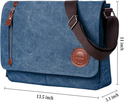 Mactso Vintage Canvas Messenger Bag for Men Women, 13.5 Inch Laptop Satchel Shoulder Bag with Multiple Pockets, Crossbody Bag for Work Travel College (Blue)