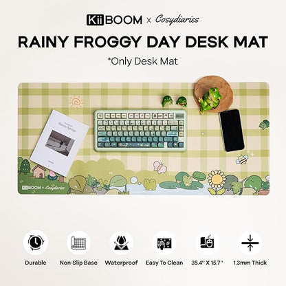 KiiBOOM X Cosydiaries Rainy Froggy Day Desk Mat, Non-Slip, 35.4’’ x 15.7’’, Large Gaming & Office Mouse Pad for Keyboard/Mouse/Laptop, PU Leather, Durable & Waterproof